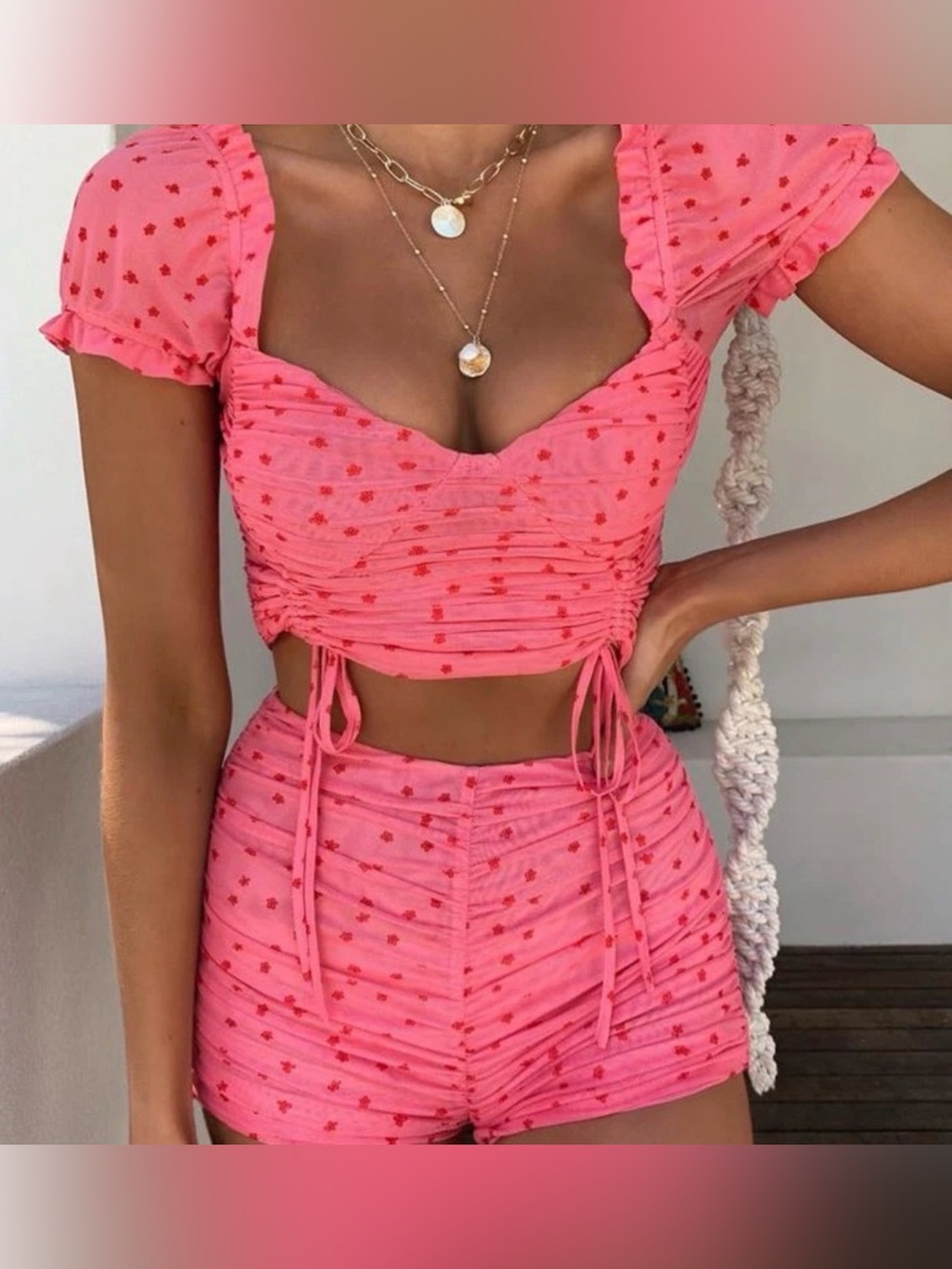 Tiger Mist Pink Floral Ruched High-Waist Shorts